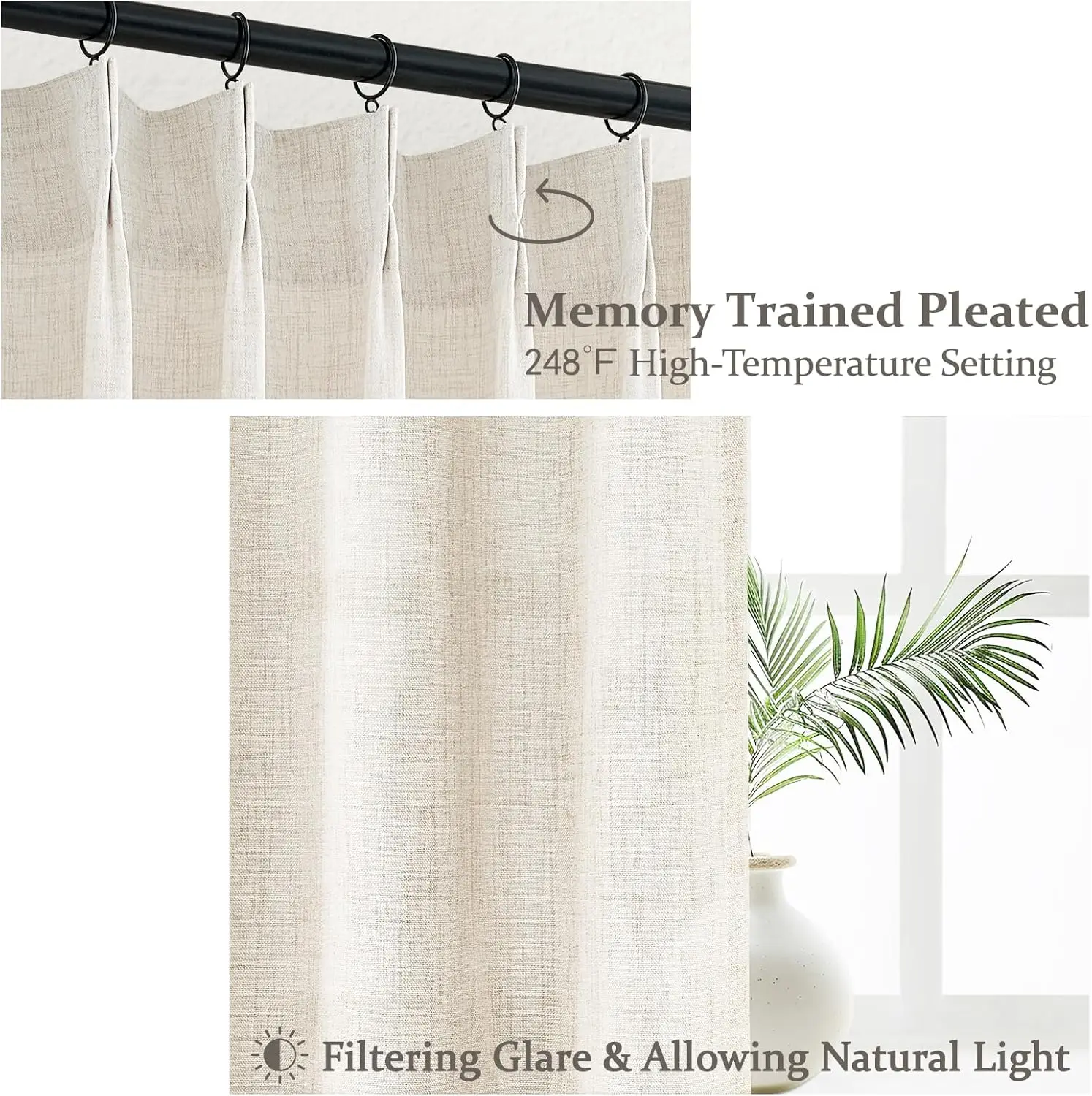 Cream-Birch 2-Panel 96-Inch Pinch-Pleated Linen Sheer Curtain - Image 4