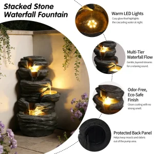 Waterfall w/ Lights Stacked Rock Cascading Water - Thumbnail Image 3