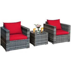 3 PC Patio Rattan Furniture Bistro Red - Thumbnail Image 3
