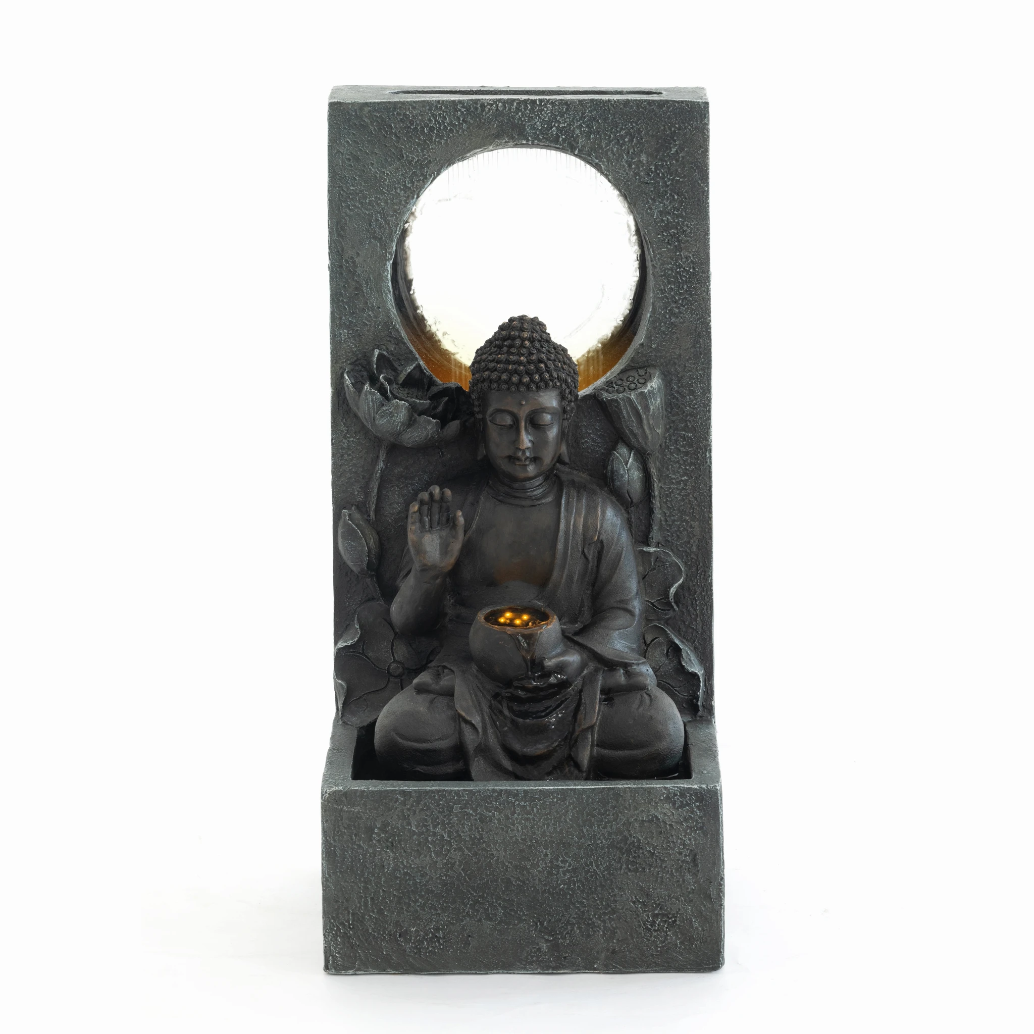 28" Outdoor Buddha Waterfall Fountain w/LED Lights - Image 1