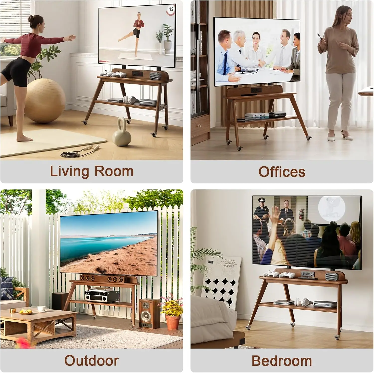Rolling Solid Wood TV Stand with Power Outlet - Image 3