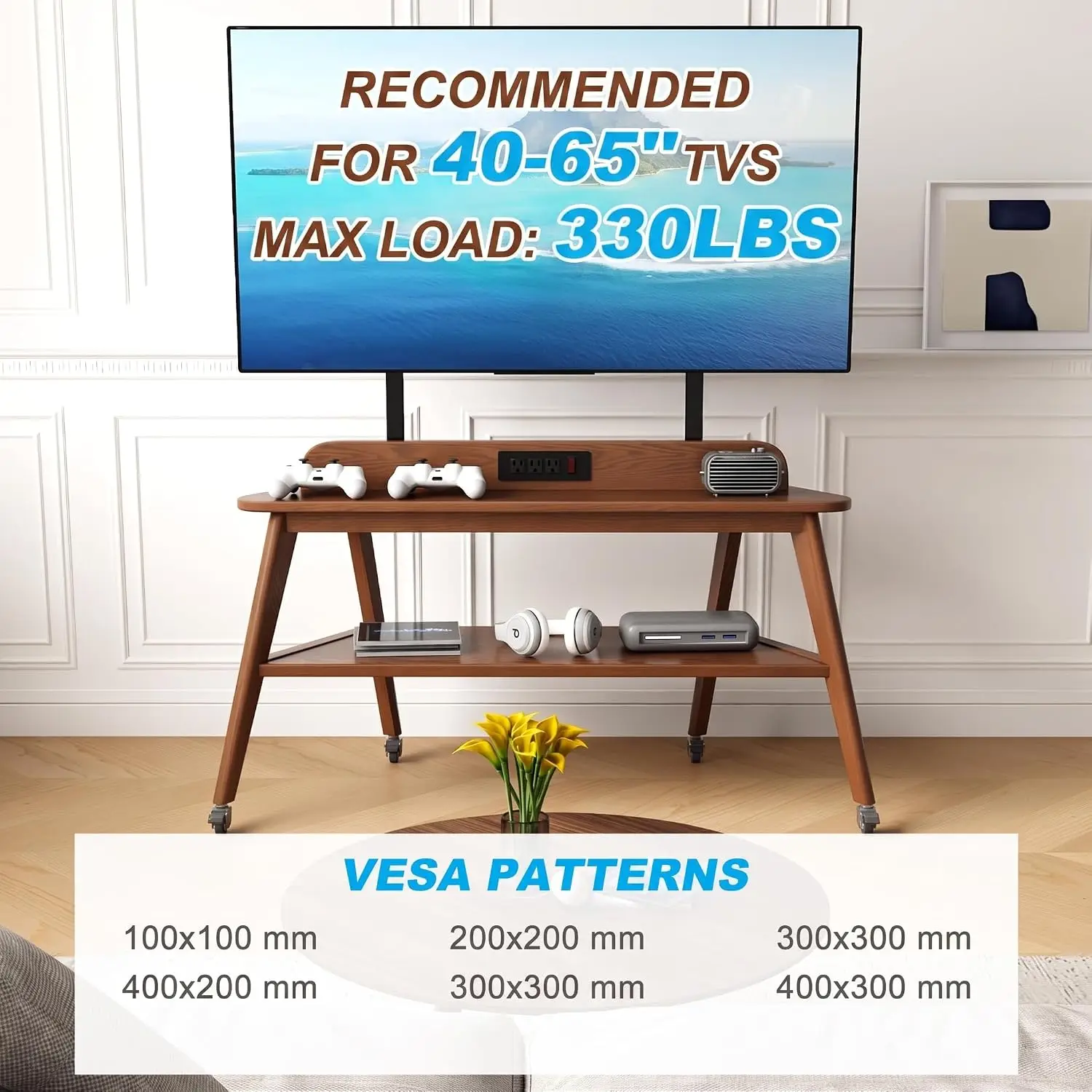 Rolling Solid Wood TV Stand with Power Outlet - Image 6