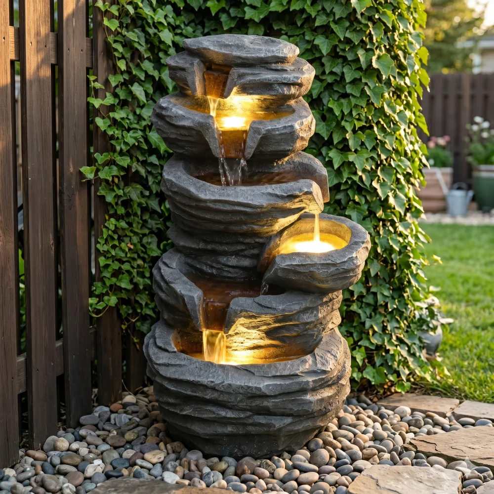 Waterfall w/ Lights Stacked Rock Cascading Water - Image 1