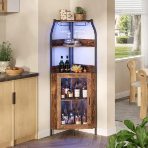 Corner Bar Cabinet W/Power Outlet,LED Lights,