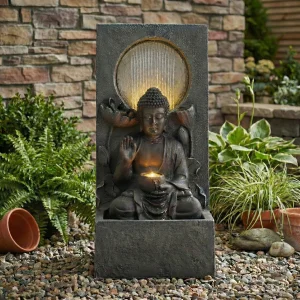 28" Outdoor Buddha Waterfall Fountain w/LED Lights - Thumbnail Image 2