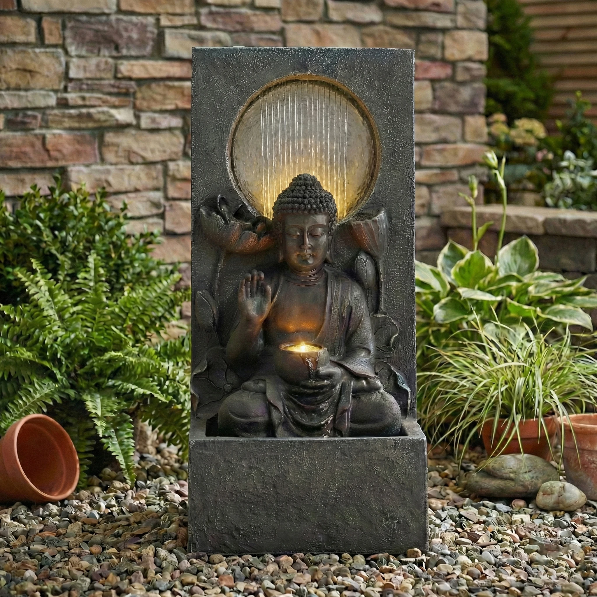 28" Outdoor Buddha Waterfall Fountain w/LED Lights - Image 2