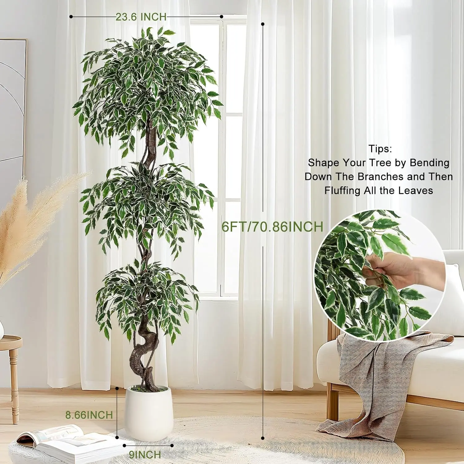 Artificial Ficus Tree w/White Ceramic Pot - Image 3