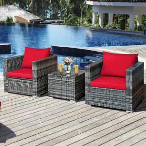 3 PC Patio Rattan Furniture Bistro Red - Thumbnail Image 2