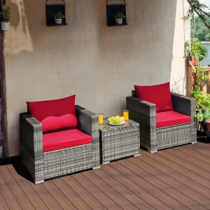 3 PC Patio Rattan Furniture Bistro Red