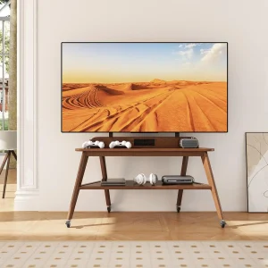 Rolling Solid Wood TV Stand with Power Outlet - Thumbnail Image 1