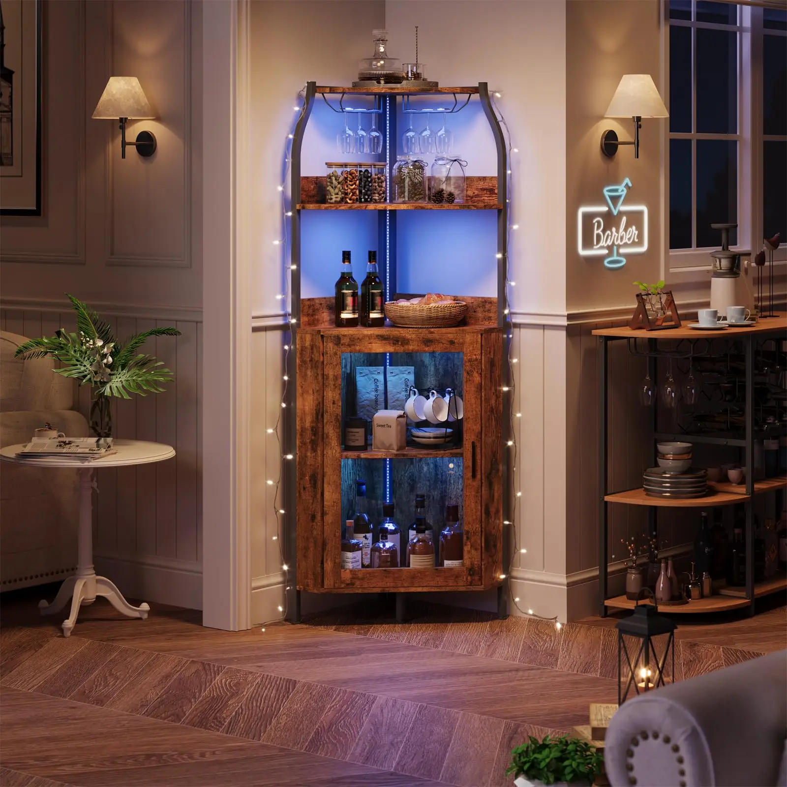 Corner Bar Cabinet W/Power Outlet,LED Lights, - Image 3