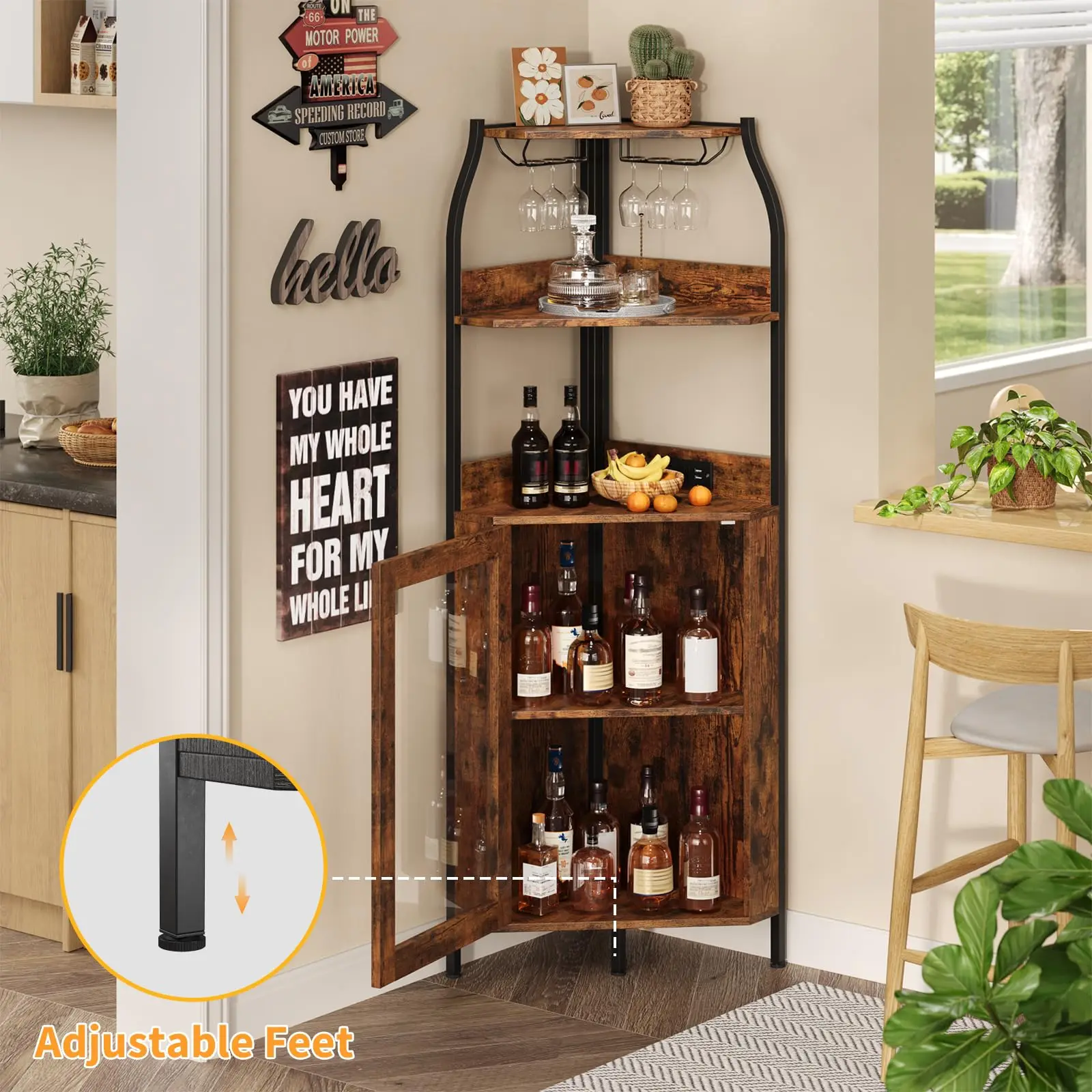 Corner Bar Cabinet W/Power Outlet,LED Lights, - Image 2