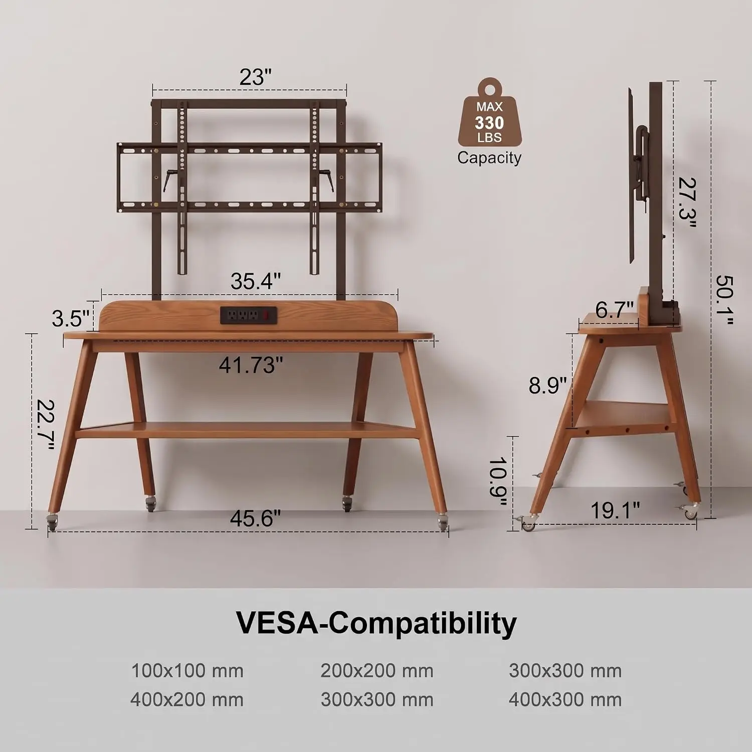 Rolling Solid Wood TV Stand with Power Outlet - Image 2