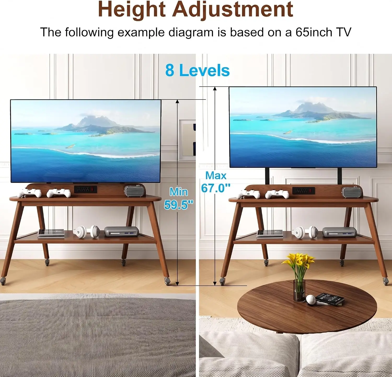 Rolling Solid Wood TV Stand with Power Outlet - Image 4