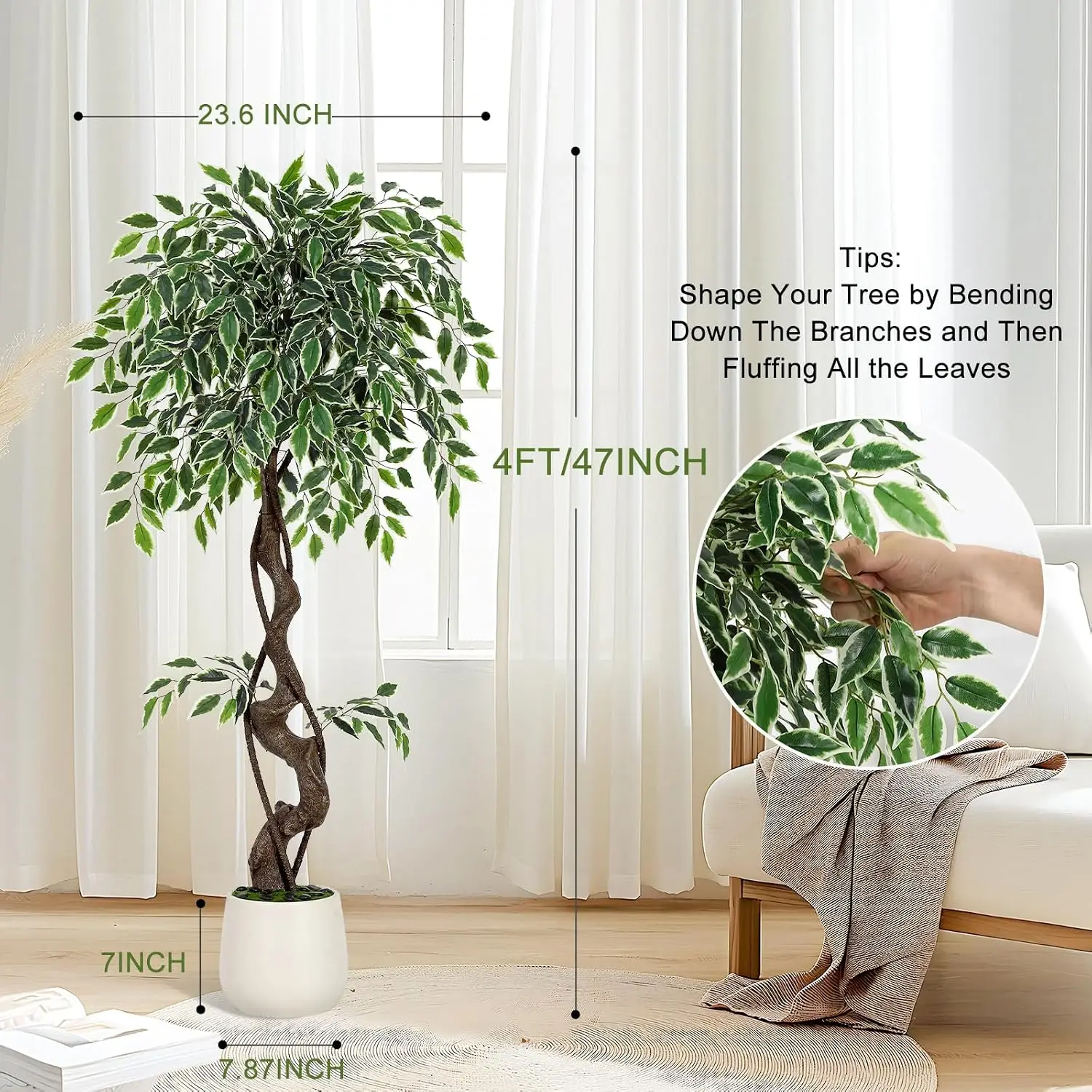Artificial Ficus Tree w/White Ceramic Pot - Image 2