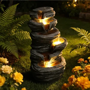 Waterfall w/ Lights Stacked Rock Cascading Water - Thumbnail Image 2