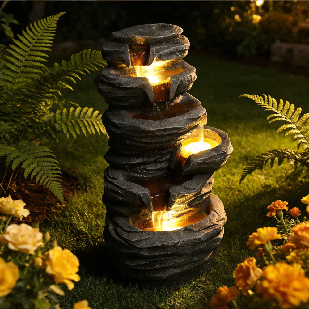 Waterfall w/ Lights Stacked Rock Cascading Water - Image 2