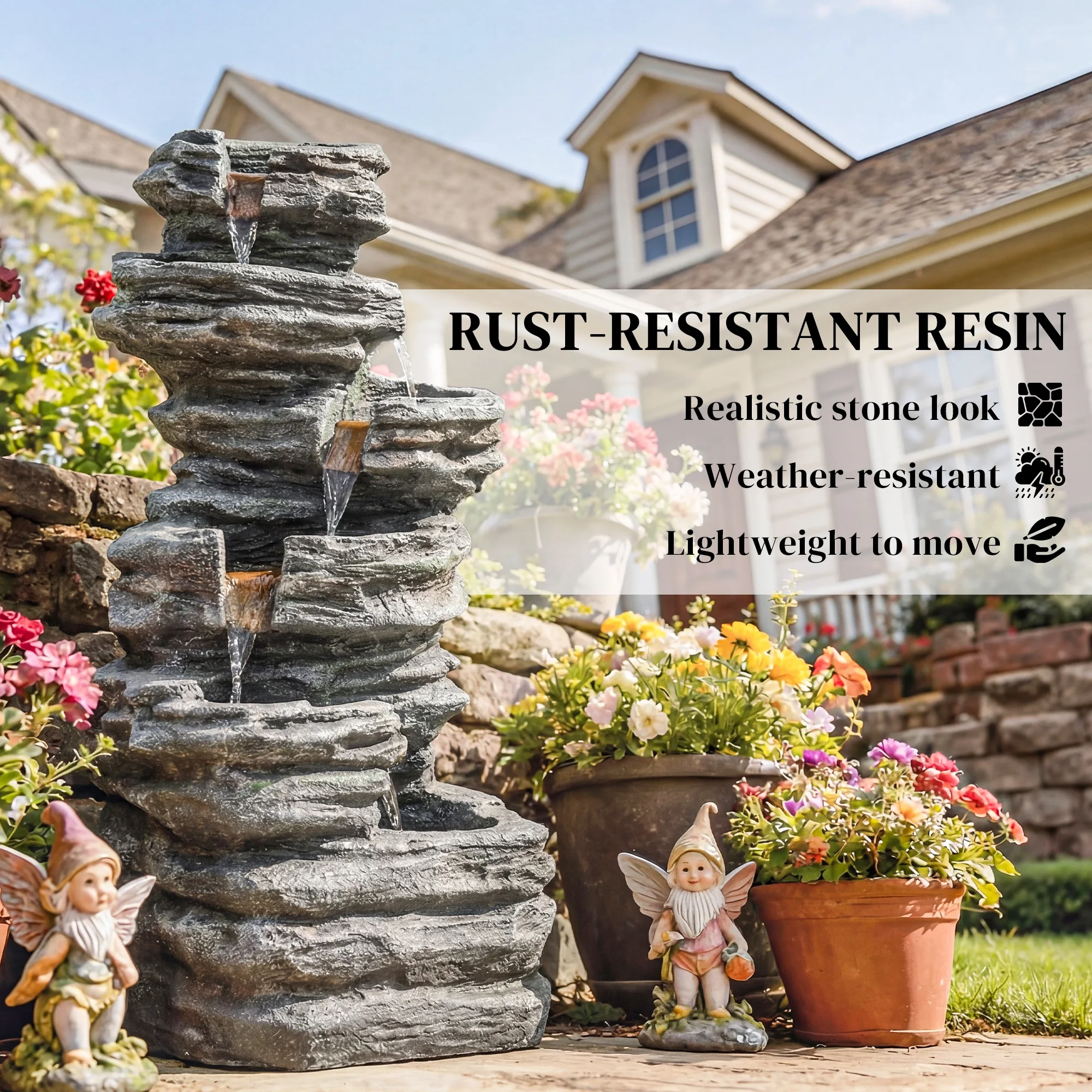 Sunny Outdoor Fountain with Waterfall, 40inch , Gray - Image 5